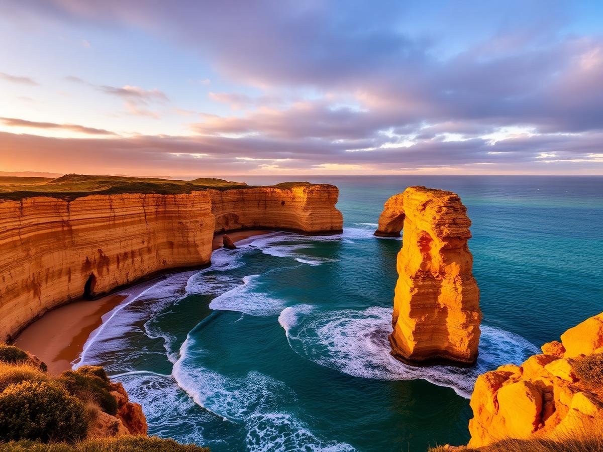 The Twelve Apostles limestone stacks on the Great Ocean Road at sunset