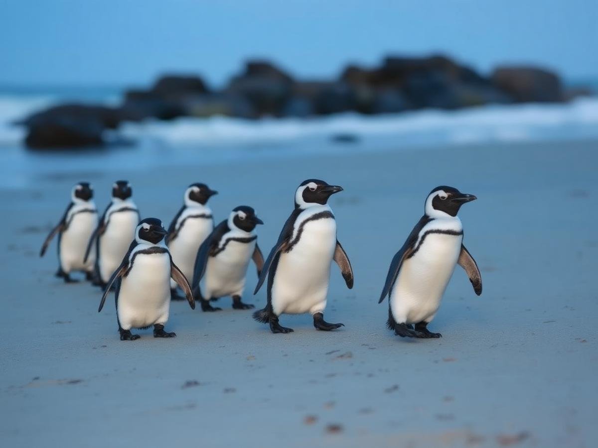 Little penguins waddling up a beach at dusk on Phillip Island